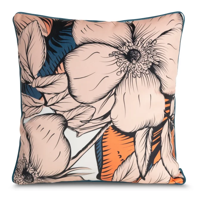 Poszewka na poduszkę dwustronna 60x60 cm welwetowa z kwiatowym nadrukiem i wypustką na brzegach pudrowo różowa, granatowa EMMA EUROFIRANY PREMIUM