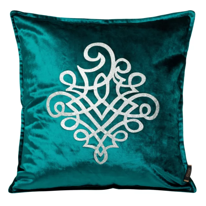 Poszewka na poduszkę 45x45 cm welwetowa z srebrnym ornamentem ciemnoturkusowa ROYAL 3 Eurofirany