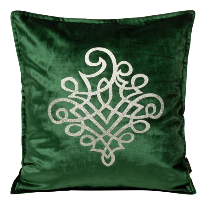 Poszewka na poduszkę 45x45 cm welwetowa z srebrnym ornamentem ciemnozielona ROYAL 3 Eurofirany
