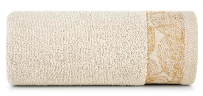 Ręcznik kąpielowy 50x90 cm bawełniany kolor beżowy,złoty z żakardową bordiurą w liście 400 g/m2 AGIS Eurofirany
