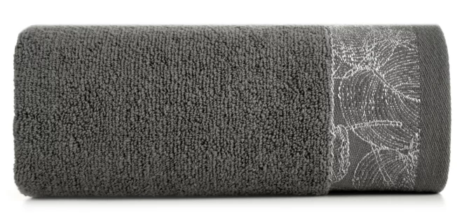 Ręcznik kąpielowy 50x90 cm bawełniany kolor stalowy,srebrny z żakardową bordiurą w liście 400 g/m2 AGIS Eurofirany