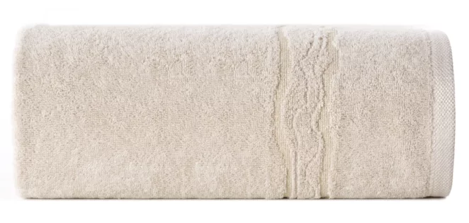 Ręcznik kąpielowy 50x90 cm bawełniany kolor beżowy zdobiony bordiurą z błyszczącym wzorem 500 g/m2 KARIN Eurofirany