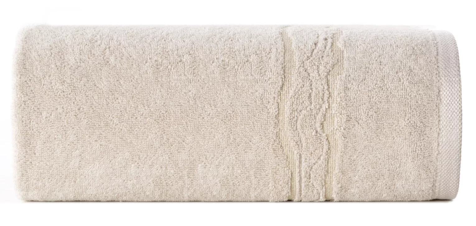 Ręcznik kąpielowy 70x140 cm bawełniany kolor beżowy zdobiony bordiurą z błyszczącym wzorem 500 g/m2 KARIN Eurofirany
