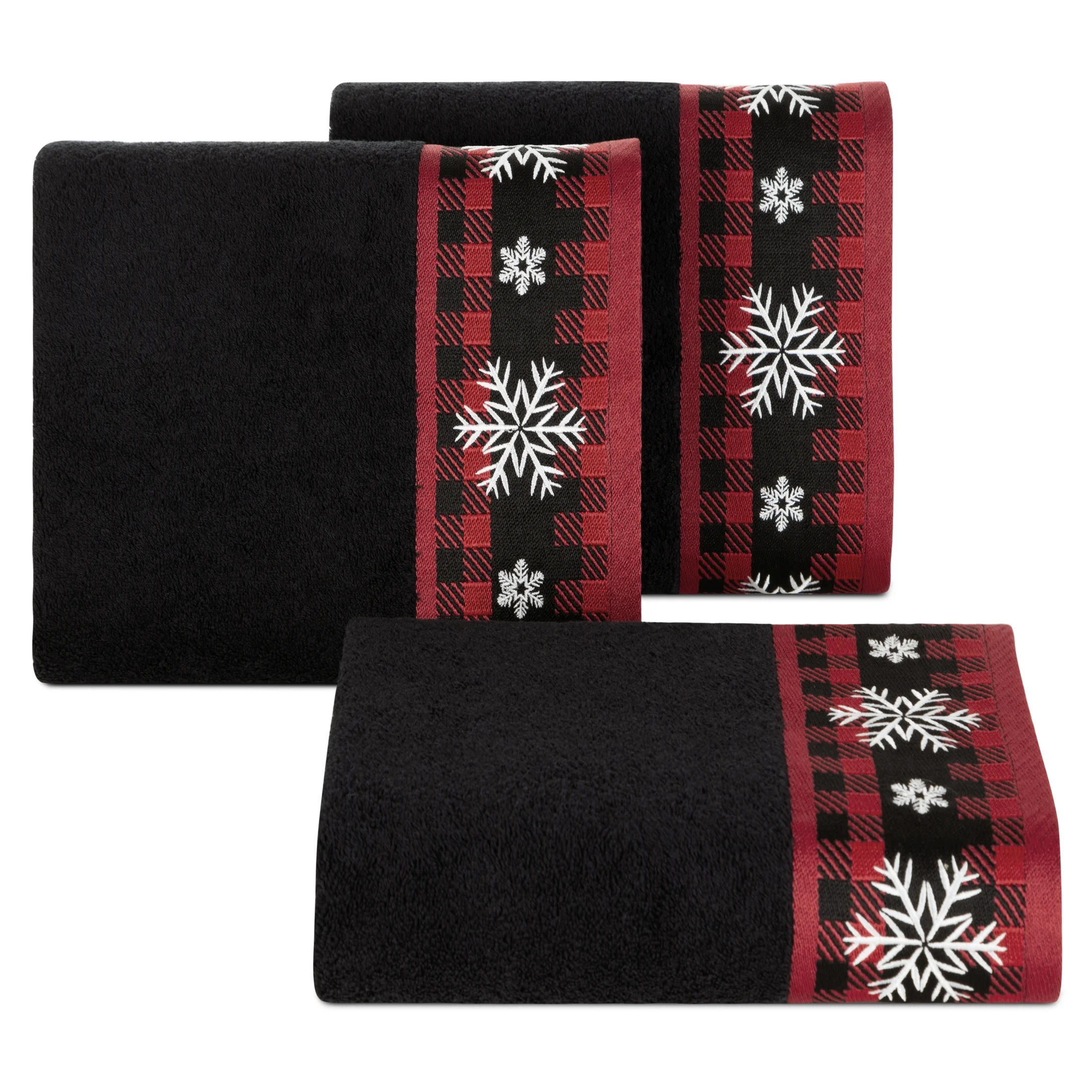 Ręcznik kąpielowy świąteczny 50X90 cm bawełniany kolor czarny z żakardową bordiurą w śnieżynki 480 g/m2 RUDOLF Eurofirany