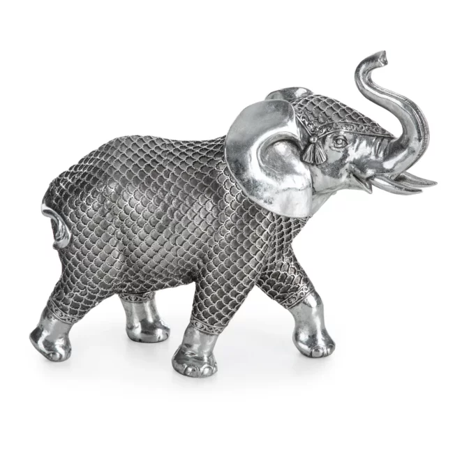 Figurka ceramiczna stalowo-srebrna słoń o drobnym wytłaczanym wzorze kratki 13x30x25 cm EVAN Eurofirany