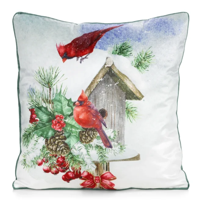Świąteczna poszewka na poduszkę biało-zielona welwetowa zdobiona motywem zimowym Eurofirany