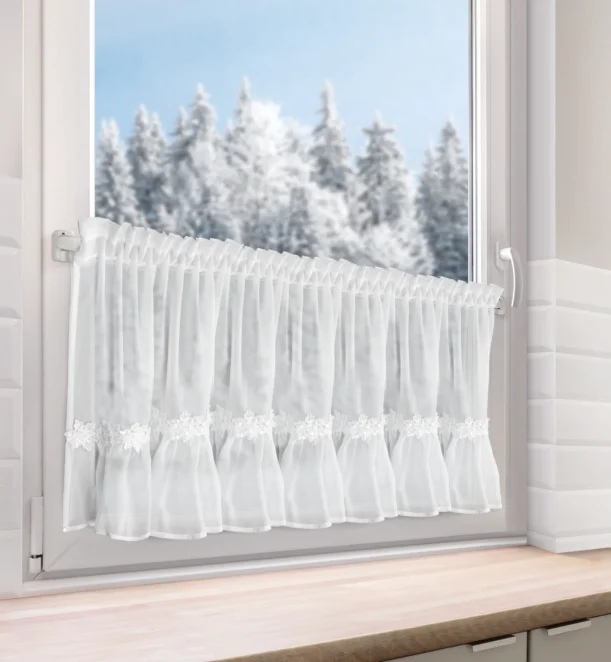 Świąteczna zazdrostka biała z szyfonu zdobiona aplikacją śnieżynek 40x150 cm taśma - XMAS Eurofirany