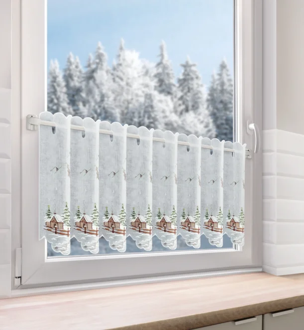 Świąteczna zazdrostka biało-brązowa z etaminy zdobiona motywem świątecznym 40x145 cm oczka - XMAS Eurofirany
