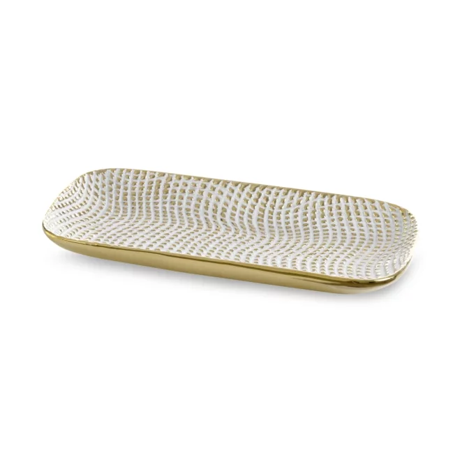 Patera ceramiczna dekoracyjna biało-złota o prostokątnym kształcie z drobnym wytłaczanym wzorem 30x16x3 cm VERDA Eurofirany