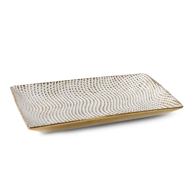 Patera ceramiczna dekoracyjna biało-złota o prostokątnym kształcie z drobnym wytłaczanym wzorem 35x20x4 cm VERDA Eurofirany