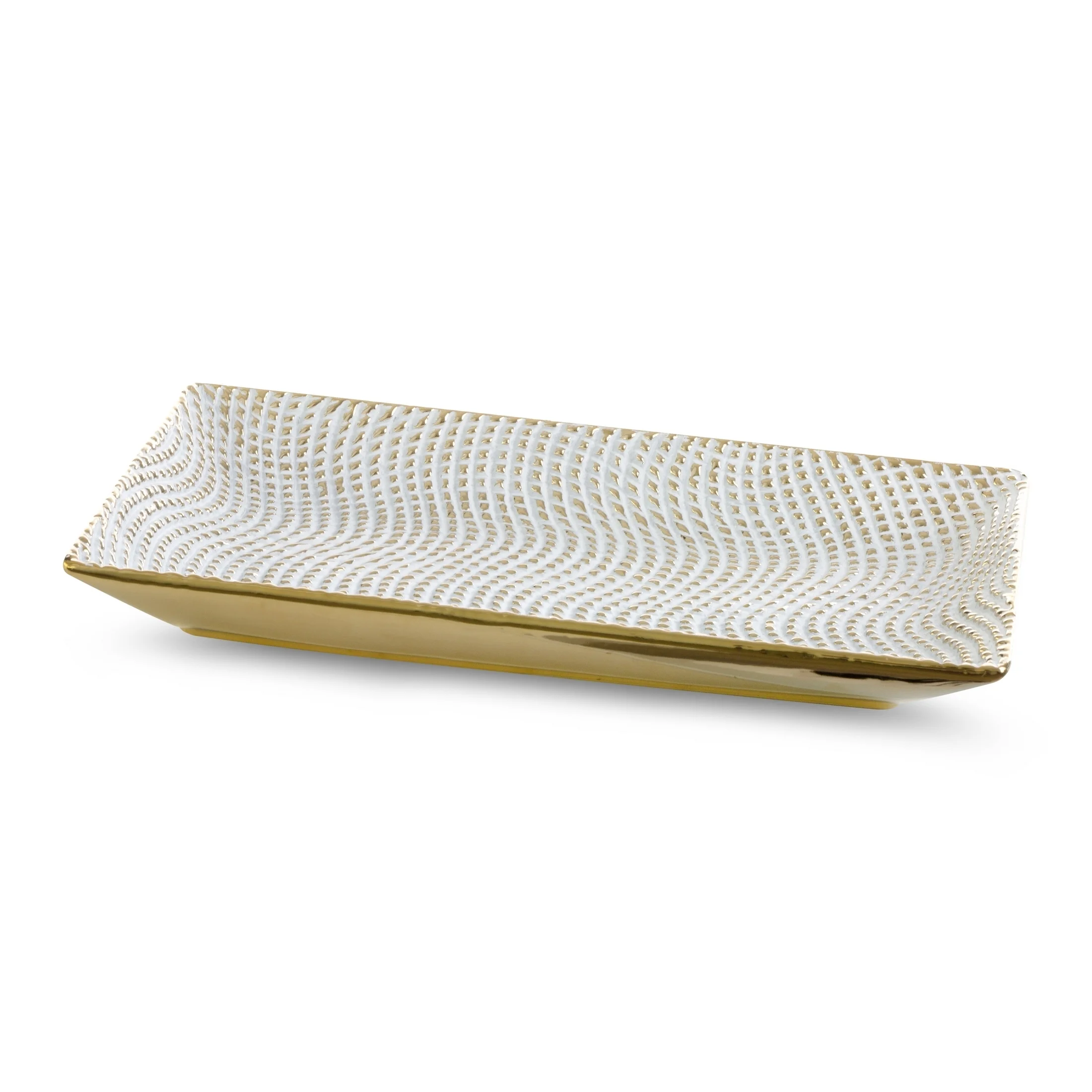 Patera ceramiczna dekoracyjna biało-złota o prostokątnym kształcie z drobnym wytłaczanym wzorem 35x20x4 cm VERDA Eurofirany