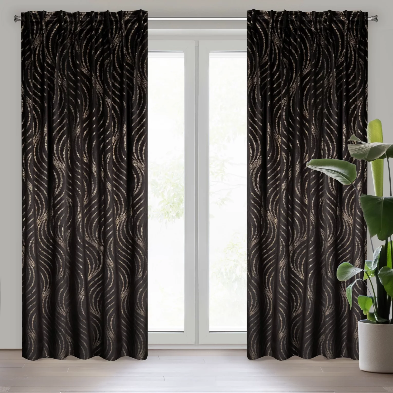 Zasłona czarno, złota z wzorem geometrycznym z welwetu 140x270 cm taśma imitująca flex VICTORIA 3 Limited Collection Eurofirany