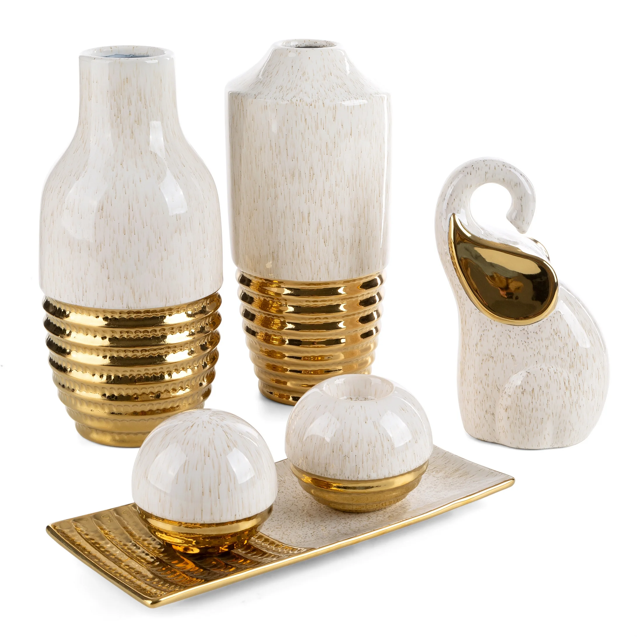 Wazon ceramiczny beżowo-złoty dekoracyjny łączący wytłaczany wzór z gładką lśniącą powierzchnią średnica 14x30 cm ARI Eurofirany
