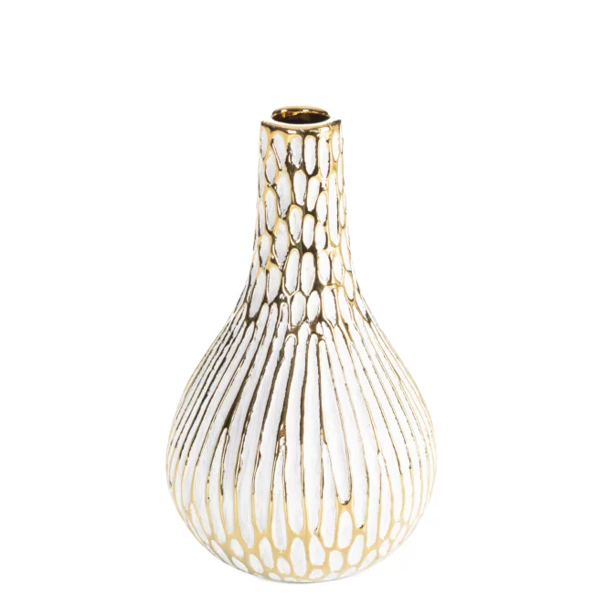 Wazon ceramiczny biało, złoty o ozdobnej fakturze 12x20 cm ANDREA Eurofirany