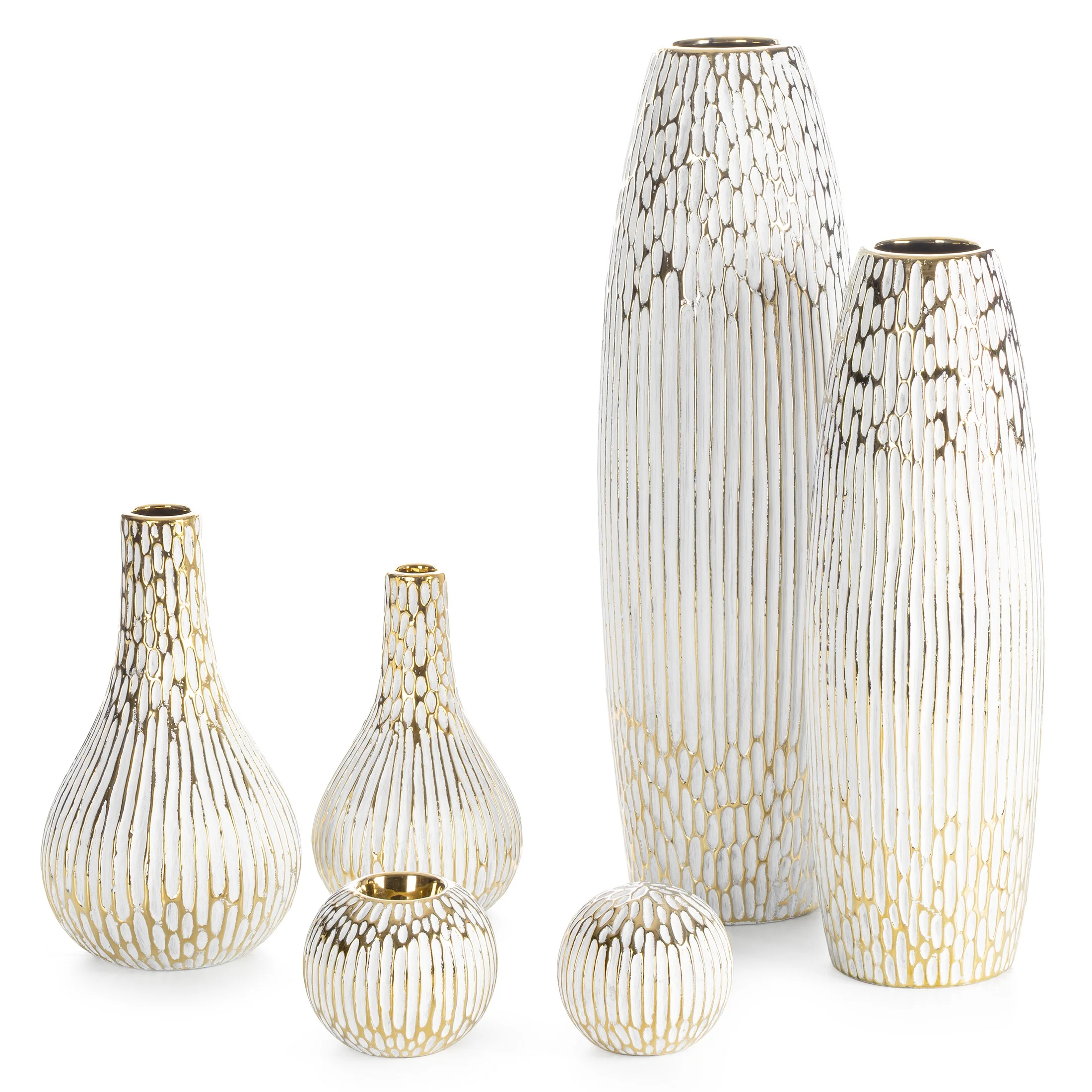Wazon ceramiczny biało, złoty o ozdobnej fakturze 14x25 cm ANDREA Eurofirany