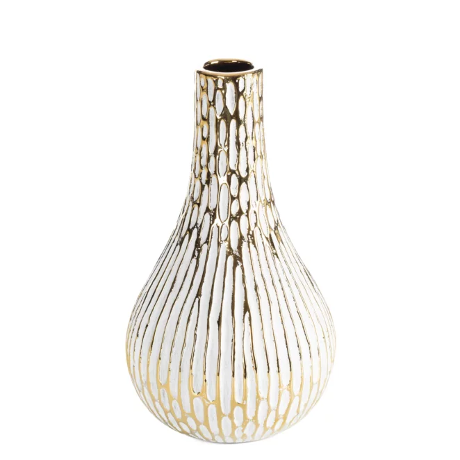 Wazon ceramiczny biało, złoty o ozdobnej fakturze 14x25 cm ANDREA Eurofirany