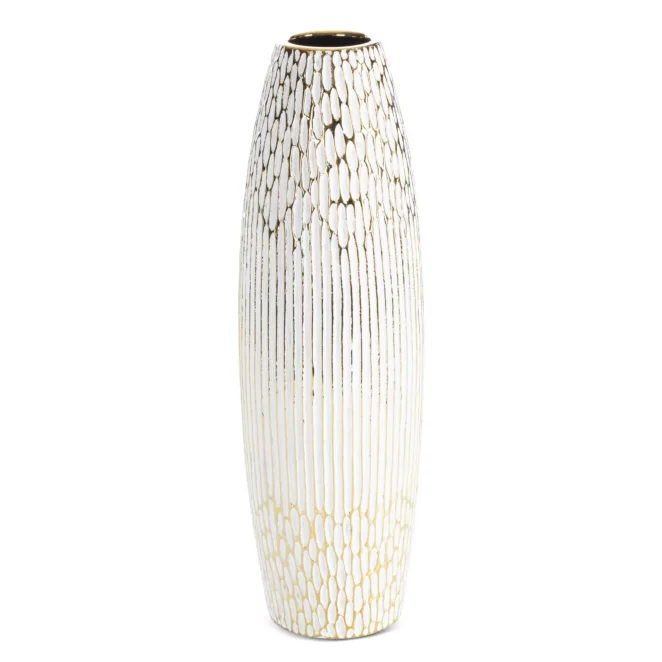 Wazon ceramiczny biało, złoty o ozdobnej fakturze 15x50 cm ANDREA Eurofirany