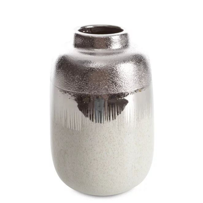 Wazon ceramiczny kremowo-srebrny łączący fakturę granitu z lśniącą powierzchnią 14x14x21 cm MAX 2 Eurofirany