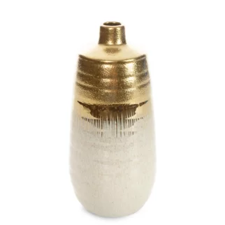 Wazon ceramiczny kremowo-złoty łączący fakturę granitu z lśniącą powierzchnią 15x15x30 cm Eurofirany