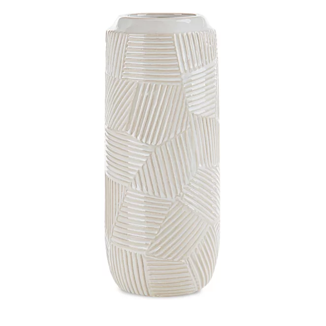 Wazon ceramiczny kremowy dekoracyjny z wytłaczanym wzorem średnica 12x30 cm ROMINA Eurofirany