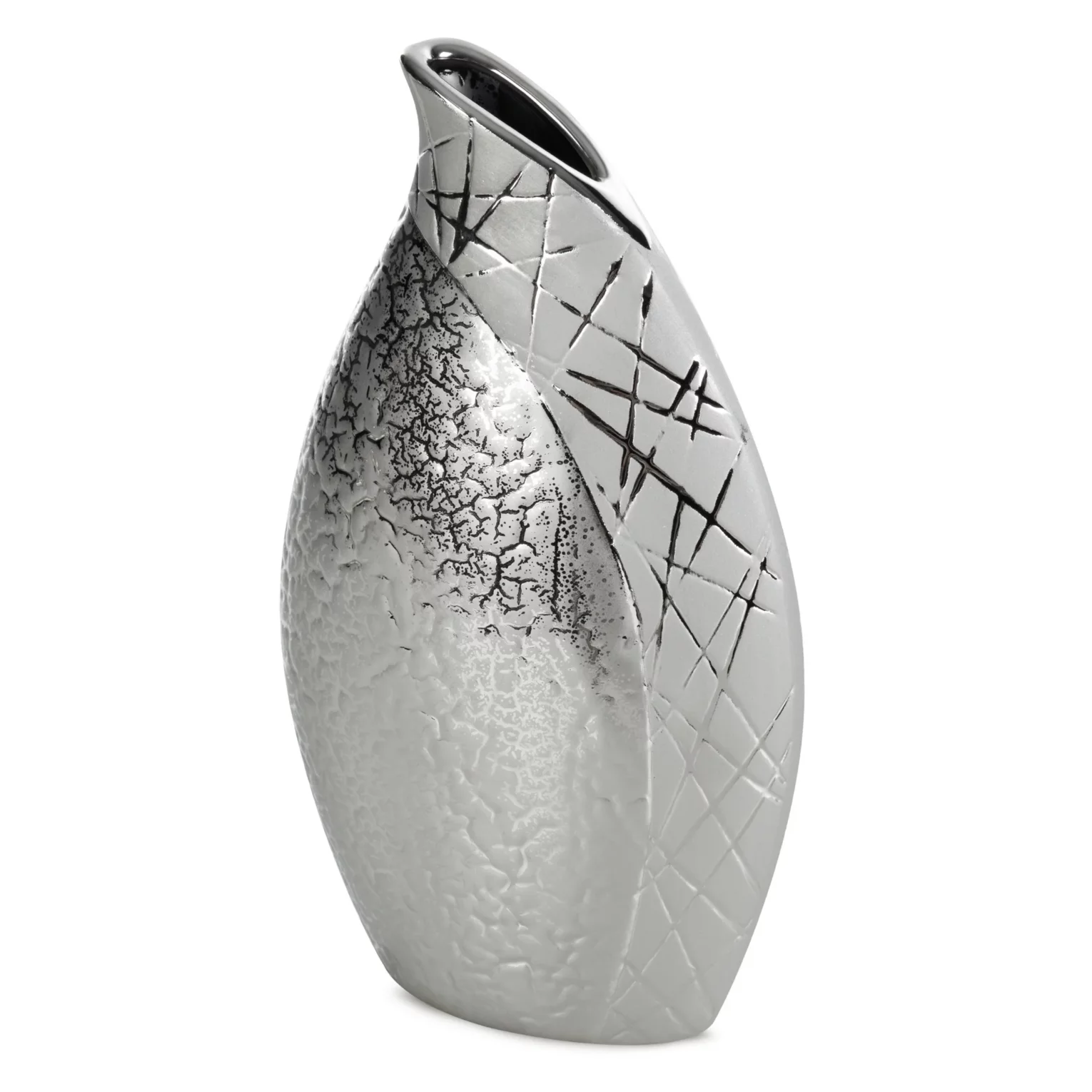 Wazon ceramiczny srebrny łączący strukturalną powierzchnie z lśniącym wzorem 15x8x26 cm ALIRA Eurofirany