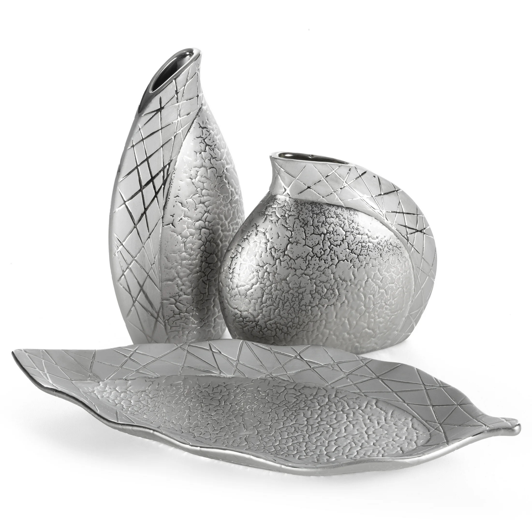 Wazon ceramiczny srebrny łączący strukturalną powierzchnie z lśniącym wzorem 20x8x19 cm ALIRA Eurofirany