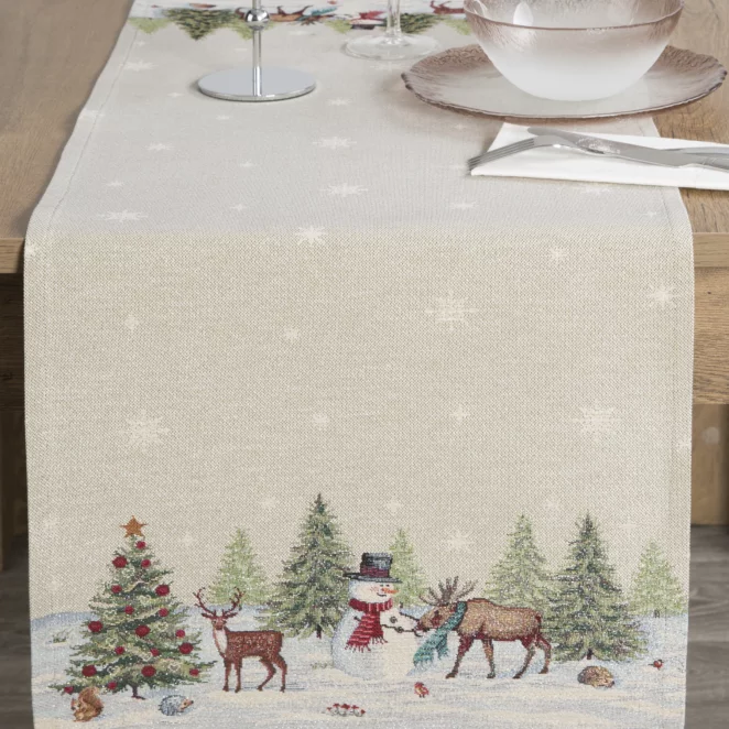 Bieżnik na stół naturalno, srebrny 40x100 cm gobelinowy z motywem zimowej wioski