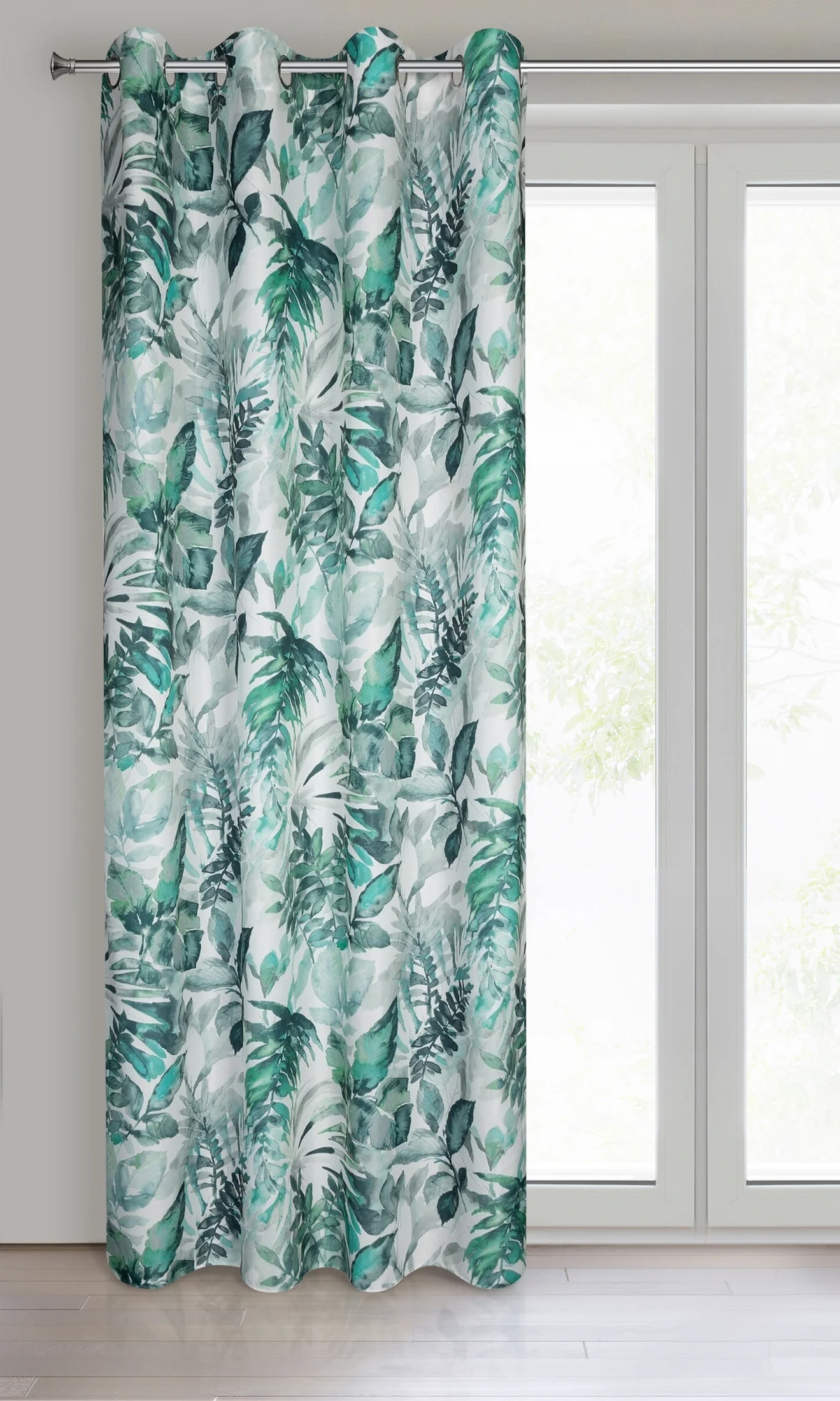 Zasłona biało, zielona w liście 140x250 cm przelotka ADELINE Eurofirany