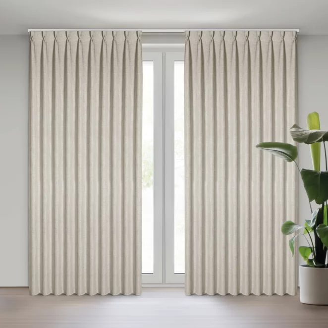 Zasłona beżowa o płóciennym splocie z efektem melanżu 125x270 cm system flex - JULA Eurofirany