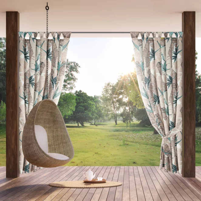 Zasłona beżowo, zielona z wodoodpornej tkaniny idealna do ogrodu i na taras 155x260 cm szelki/rzep GARDEN Eurofirany