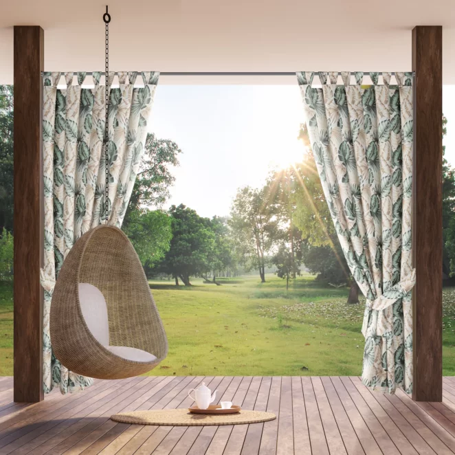 Zasłona beżowo, zielona z wodoodpornej tkaniny idealna do ogrodu i na taras cm 155x260 cm szelki/rzep GARDEN Eurofirany