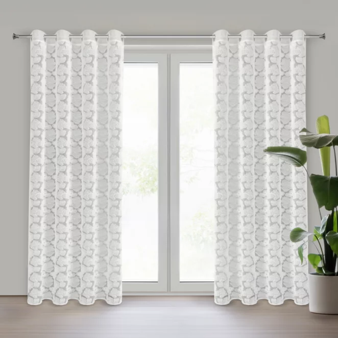 Zasłona biała z siateczki zdobiona kwiatami z dodatkiem drobnych perełek 3D 140x250 cm przelotka - JASMIN Eva Minge Eurofirany