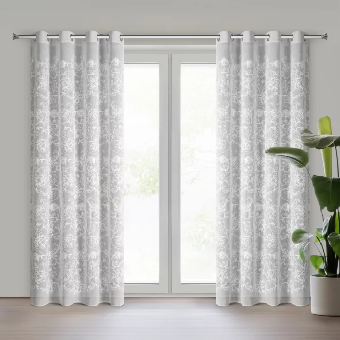 Zasłona biała zdobiona szenilowym haftem roślinnym 140x250 cm przelotki - LILY Eurofirany