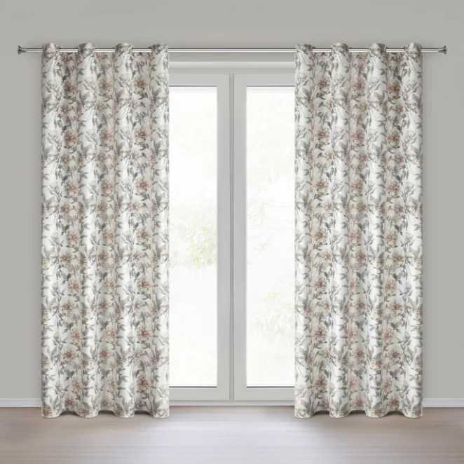 Zasłona biało, beżowa welwetowa z motywem kwiatów 140x250 cm przelotka - BEVERLY Eurofirany