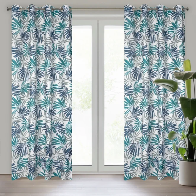 Zasłona biało, turkusowa we wzór liści 140x250 przelotka ELINA Design 91