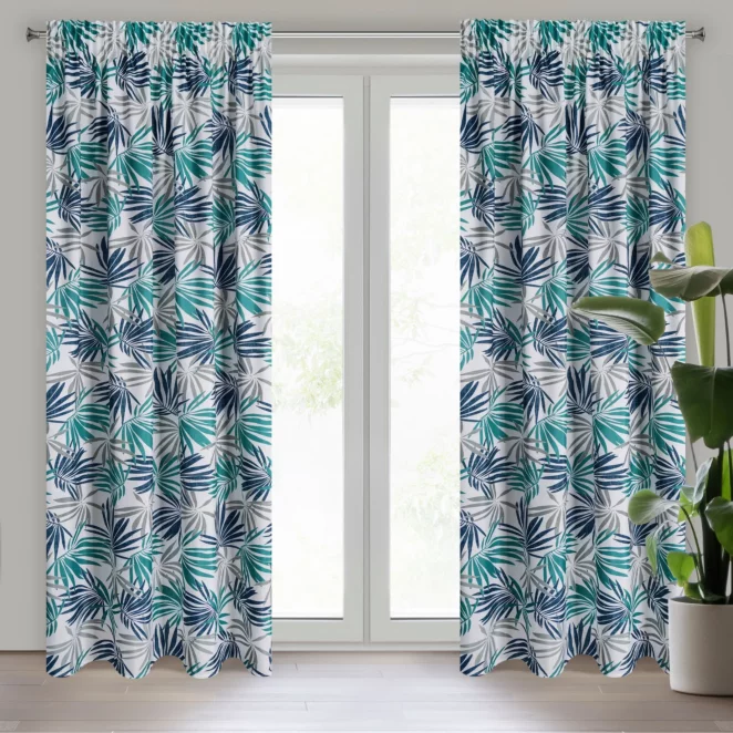 Zasłona biało, turkusowa we wzór liści 140x270 taśma ELINA Design 91