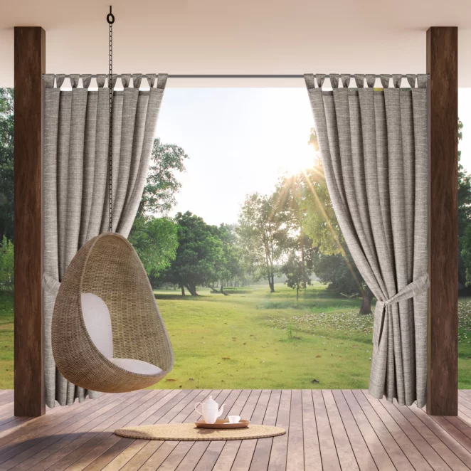 Zasłona brązowo, kremowa z wodoodpornej tkaniny idealna do ogrodu i na taras 155x220 cm szelki/rzep GARDEN Eurofirany