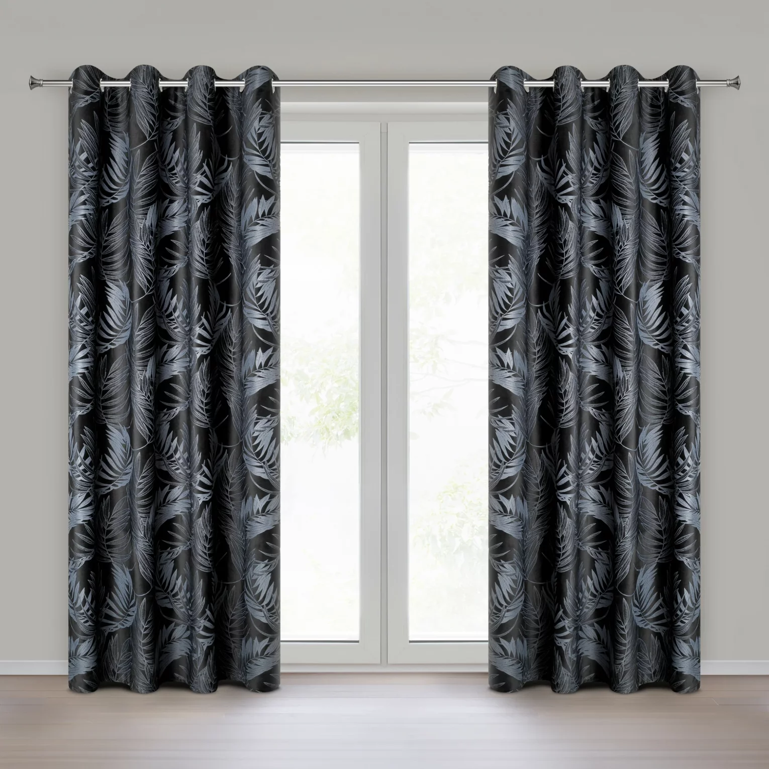 Zasłona czarna z welwetowej tkaniny z motywem roślinnym 140x250 cm - VERA Eurofirany