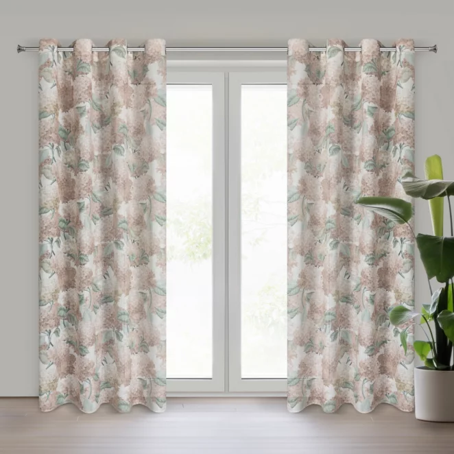 Zasłona naturalno, beżowa z wzorem kwiatów z dodatkiem lnu 140x250 cm przelotka DEMI Eurofirany