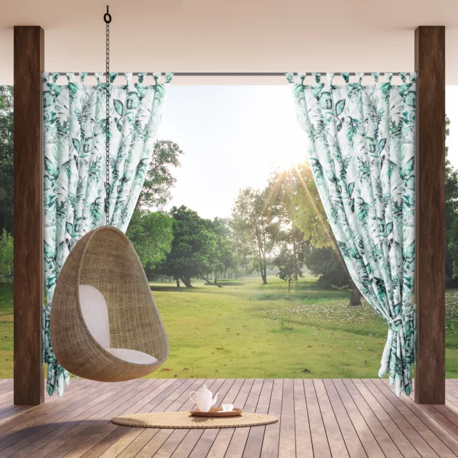 Zasłona biało, zielona z wodoodpornej tkaniny idealna do ogrodu i na taras 155x200 cm szelki/rzep GARDEN 2 Eurofirany