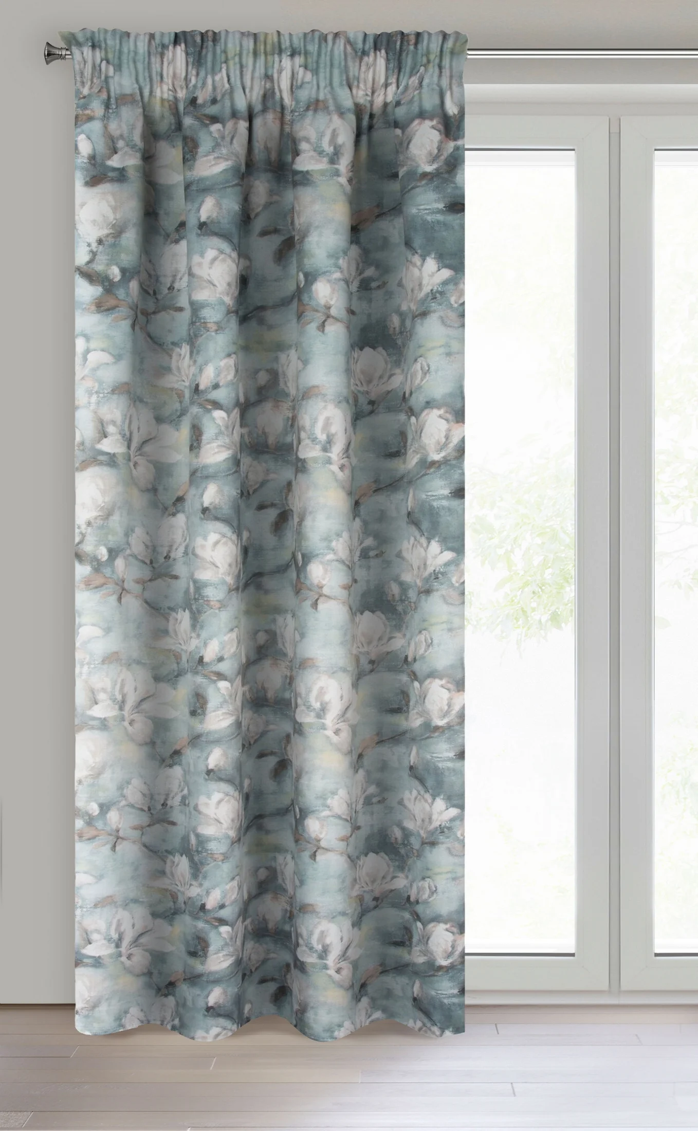 Zasłona stalowo, kremowa z motywem malowanych magnolii 140x250 cm przelotka GRACJA Eurofirany