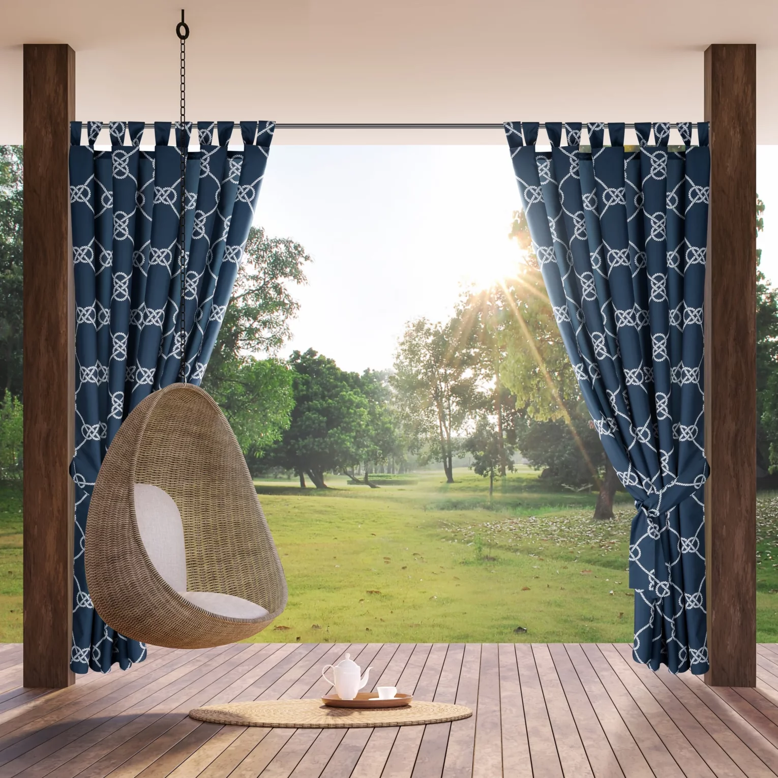 Zasłona granatowo, biała z wodoodpornej tkaniny idealna do ogrodu i na taras 155x200 cm szelki/rzep GARDEN Eurofirany