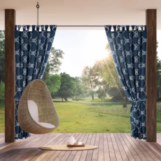 Zasłona granatowo, biała z wodoodpornej tkaniny idealna do ogrodu i na taras 155x240 cm szelki/rzep GARDEN Eurofirany