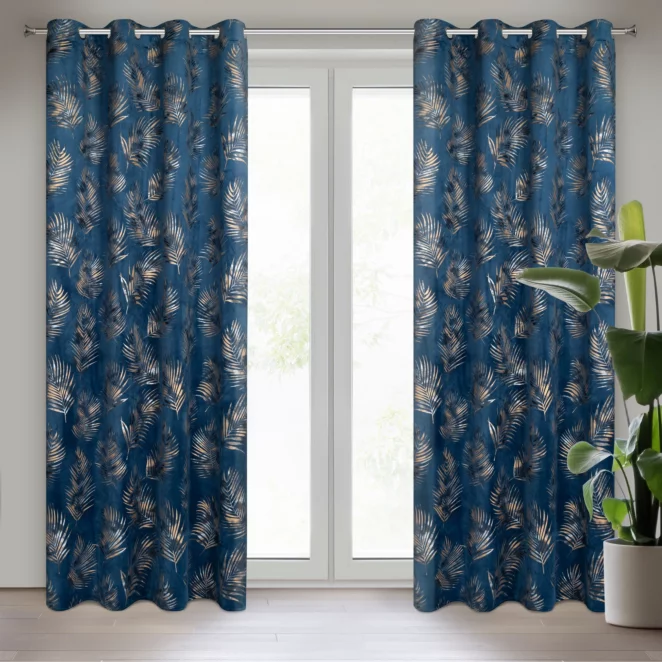 Zasłona granatowo, szampańska w złote liście palmy z welwetu 140x250 cm przelotka GLORIA 2 Eurofirany