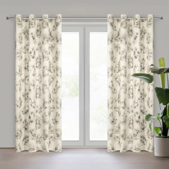 Zasłona kremowo, szampańska w złote liście palmy z welwetu 140x250 cm przelotka GLORIA 2 Eurofirany