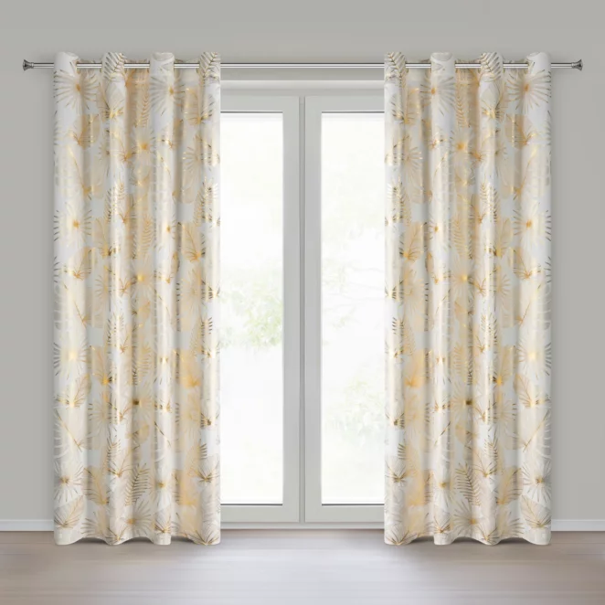 Zasłona kremowo, złota zdobiona błyszczącym motywem egzotycznych liści 140x250 cm przelotki - ZARIA - Eurofirany