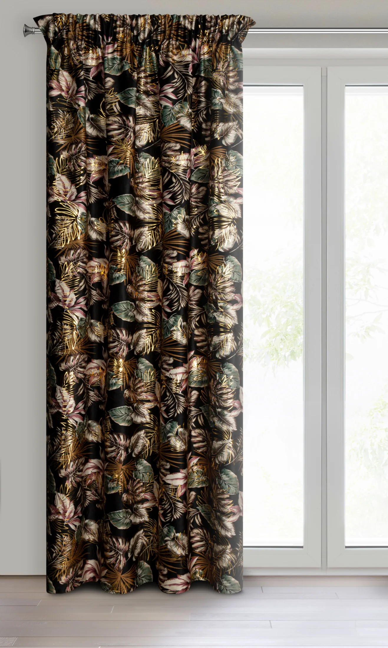 Zasłona czarno, złocista z błyszczącym nadrukiem liści z welwetu 140x270cm taśma MAROKO Eurofirany