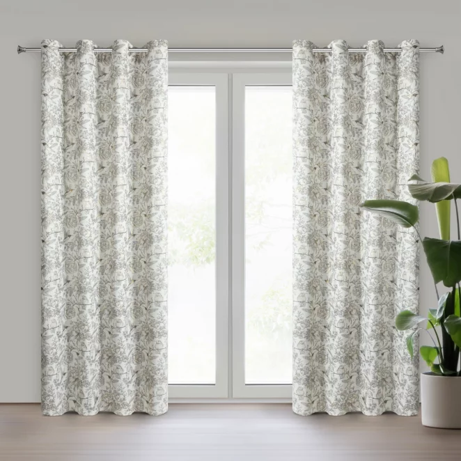 Zasłona naturalna, czarna o naturalnym splocie i nadrukiem botanicznym zdobiona złotymi akcentami 140x250 przelotki - LUCINA 2 Eurofirany