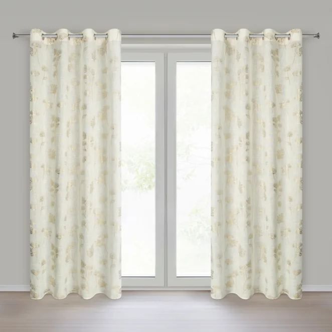 Zasłona naturalno-szampańska z domieszką lnu z roślinnym motywem 140x250 cm złota przelotka - MAGGIE Eurofirany