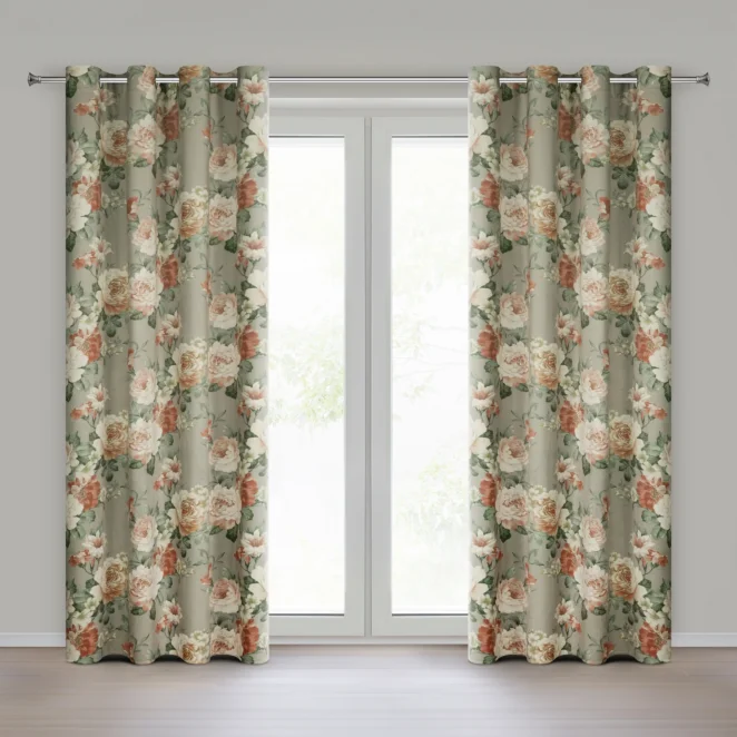 Zasłona oliwkowo kremowa z welwetu zdobiona motywem kwiatów 140x250 cm przelotki - FIORE Eurofirany